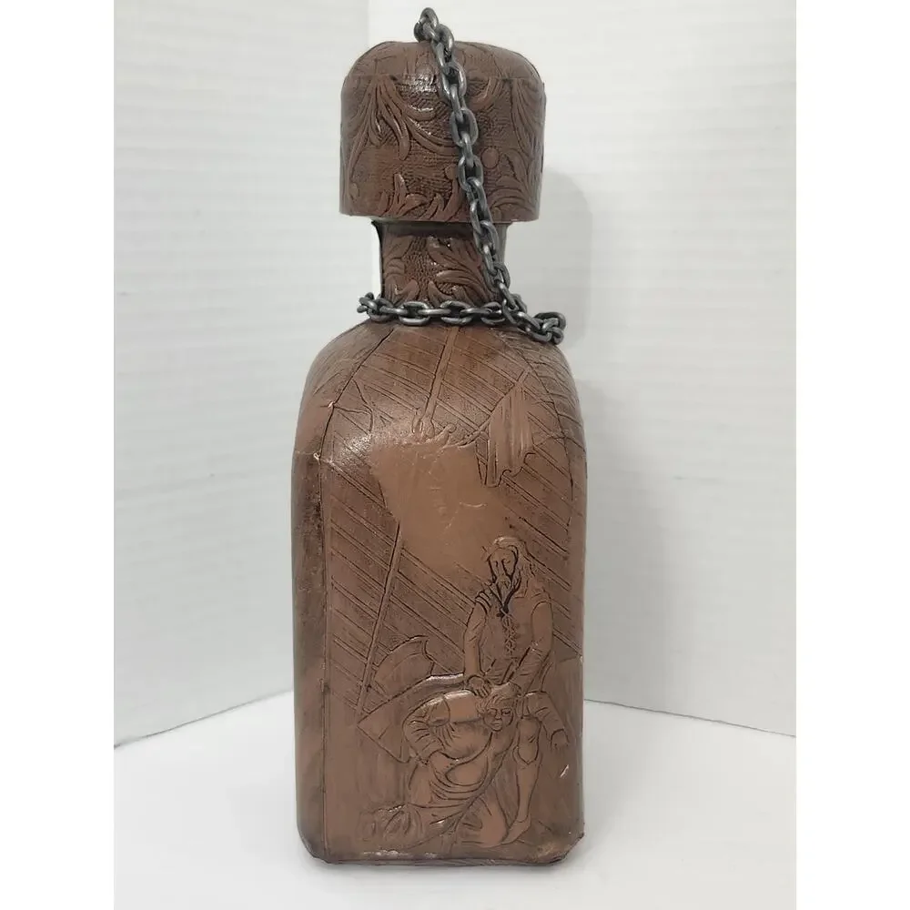 Vintage Spanish Porron Leather Wrapped Amber Glass Decanter Flask Set